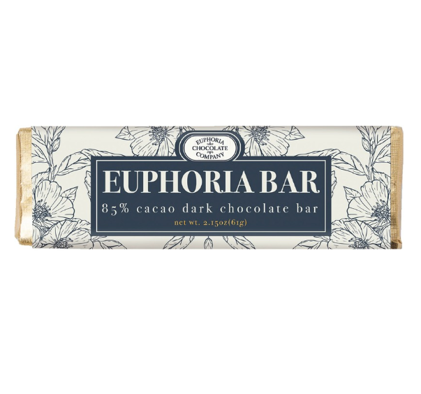 A Euphoria Chocolate Company 85% dark chocolate bar, with floral wrapper design and brand name displayed