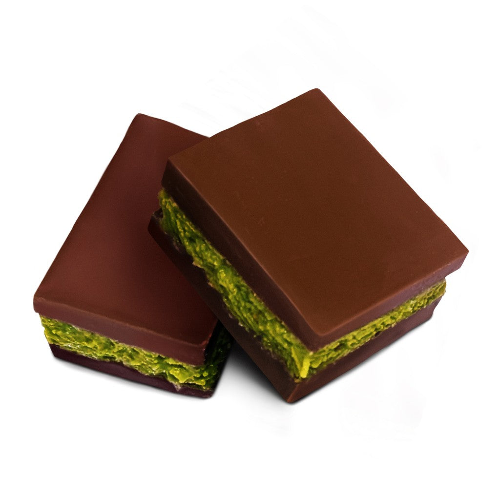 Two chocolate bars with green filling on a white background