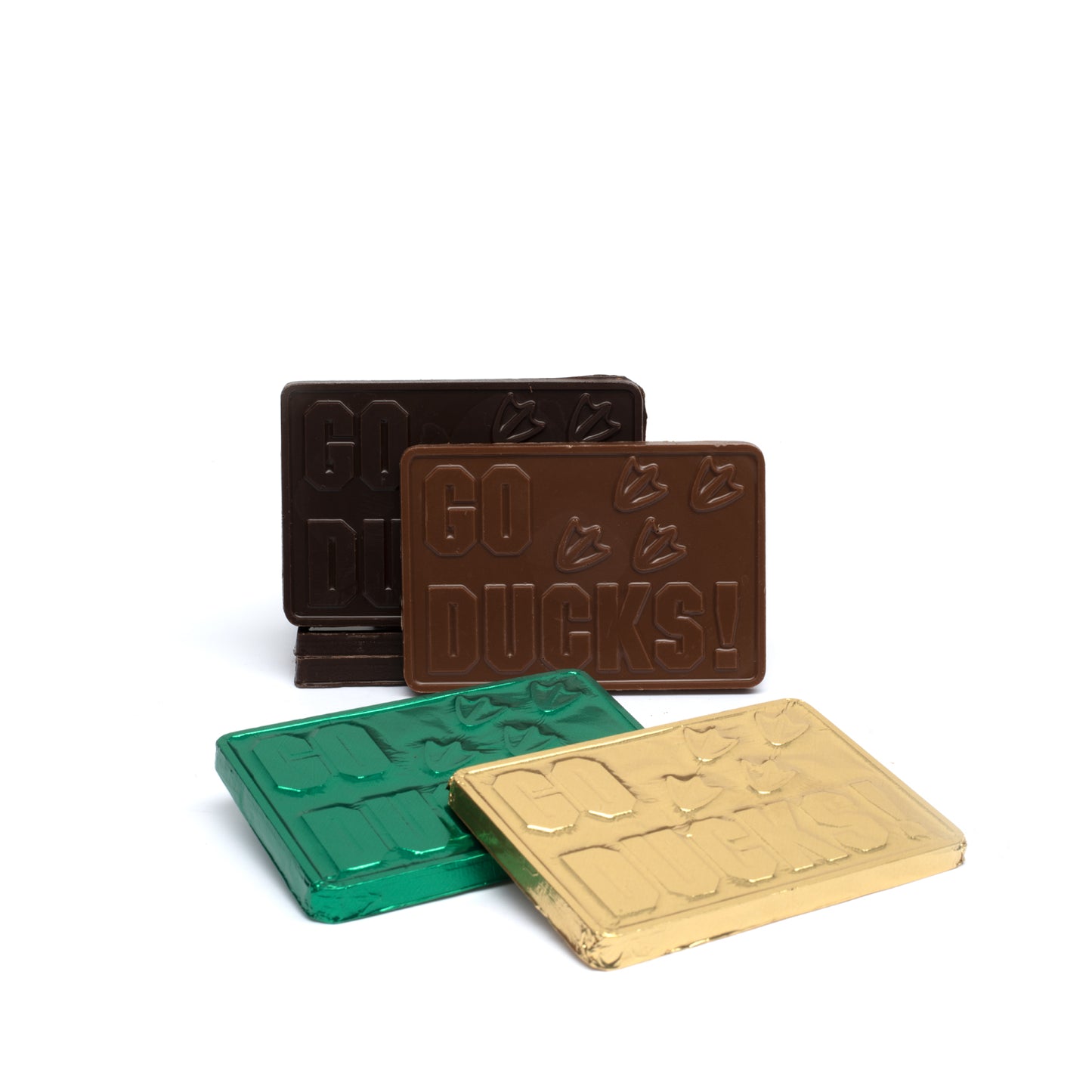 Four chocolate bars with different designs and "Go Ducks!" text on a white background
