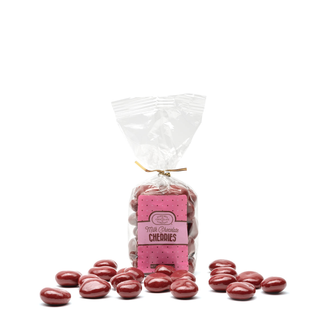 Bag of milk chocolate cherries with a pink Euphoria Chocolate Company label on a white background