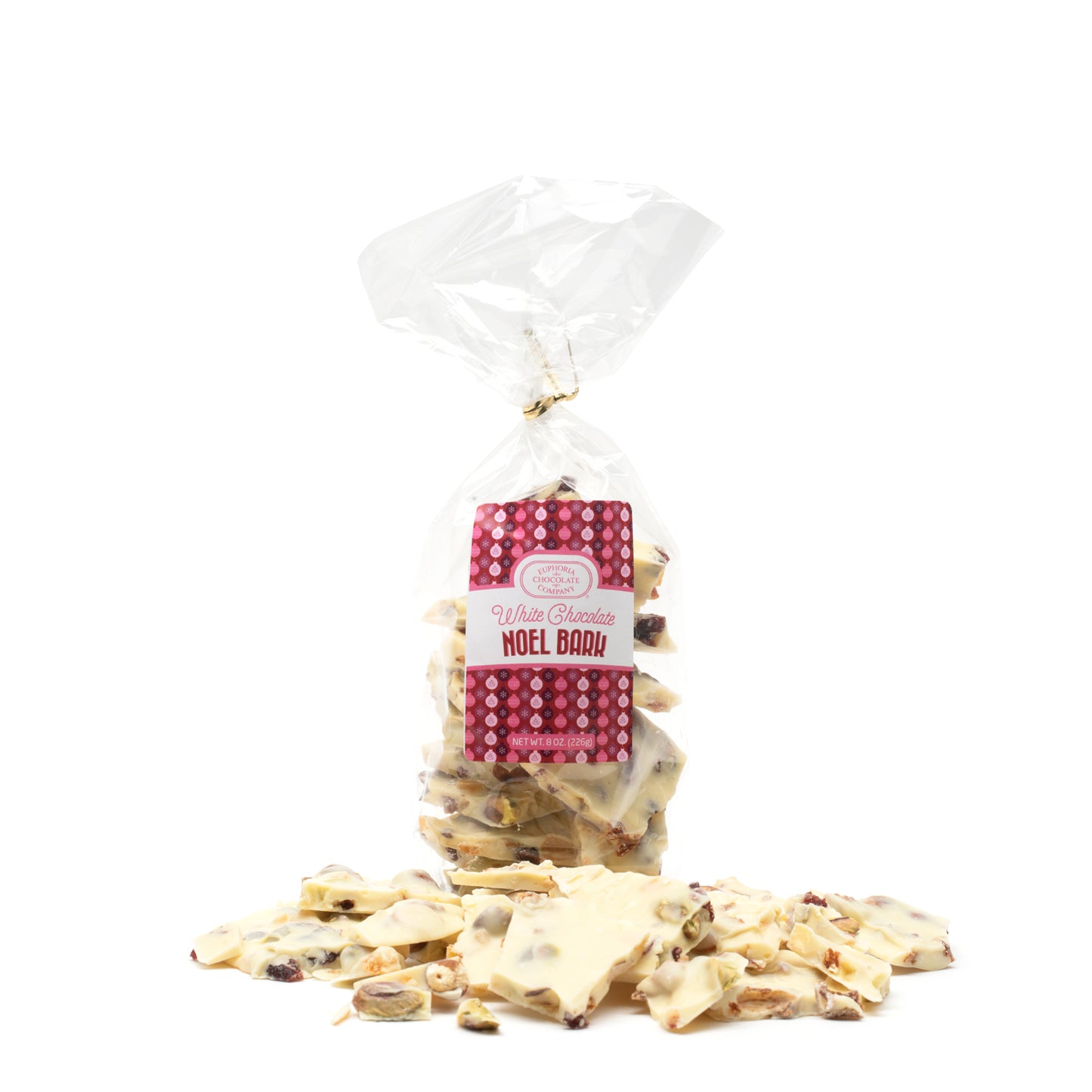 Bag of white chocolate noel bark with a pink Euphoria Chocolate Company label on a white background
