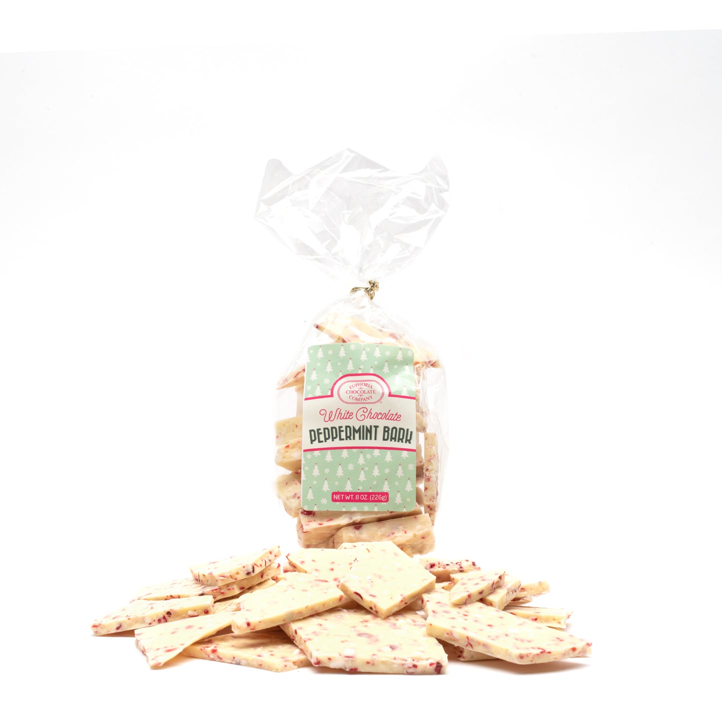 A clear plastic packaging containing white peppermint bark chocolate with visible crushed peppermint candy pieces. The package has a label with the Euphoria Chocolate Company logo and the product name.