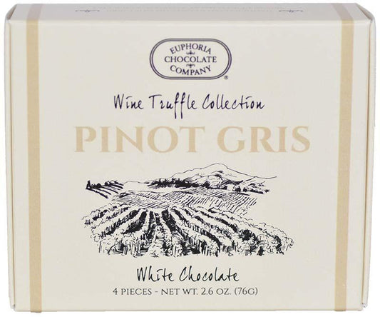 A 4-piece gift box of Euphoria Chocolate Company truffles featuring the white chocolate Pinot Gris wine truffle.