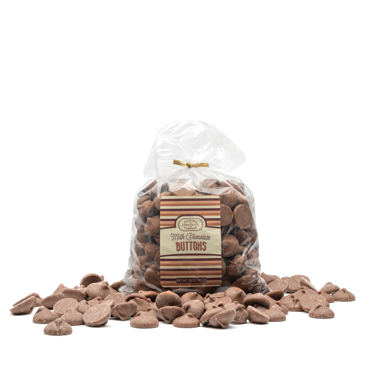 A clear plastic gift bag filled with creamy milk chocolate buttons, with a label that reads Euphoria Chocolate Company and 'Milk Chocolate Buttons'. The bag is placed on a white surface and there are additional chocolate buttons scattered around it against a white background.