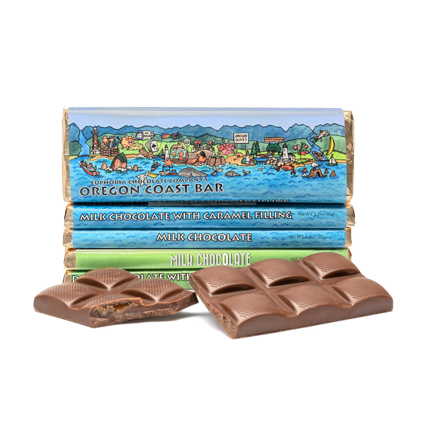 A milk chocolate bar with caramel filling, Oregon Coast artwork on the wrapper, and a broken chocolate bar to show the color and texture.
