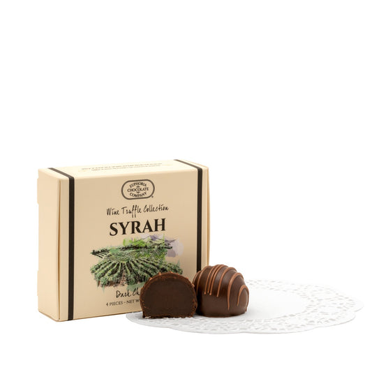 A gift box of 4 Euphoria Chocolate Company Syrah wine truffles against a white background.