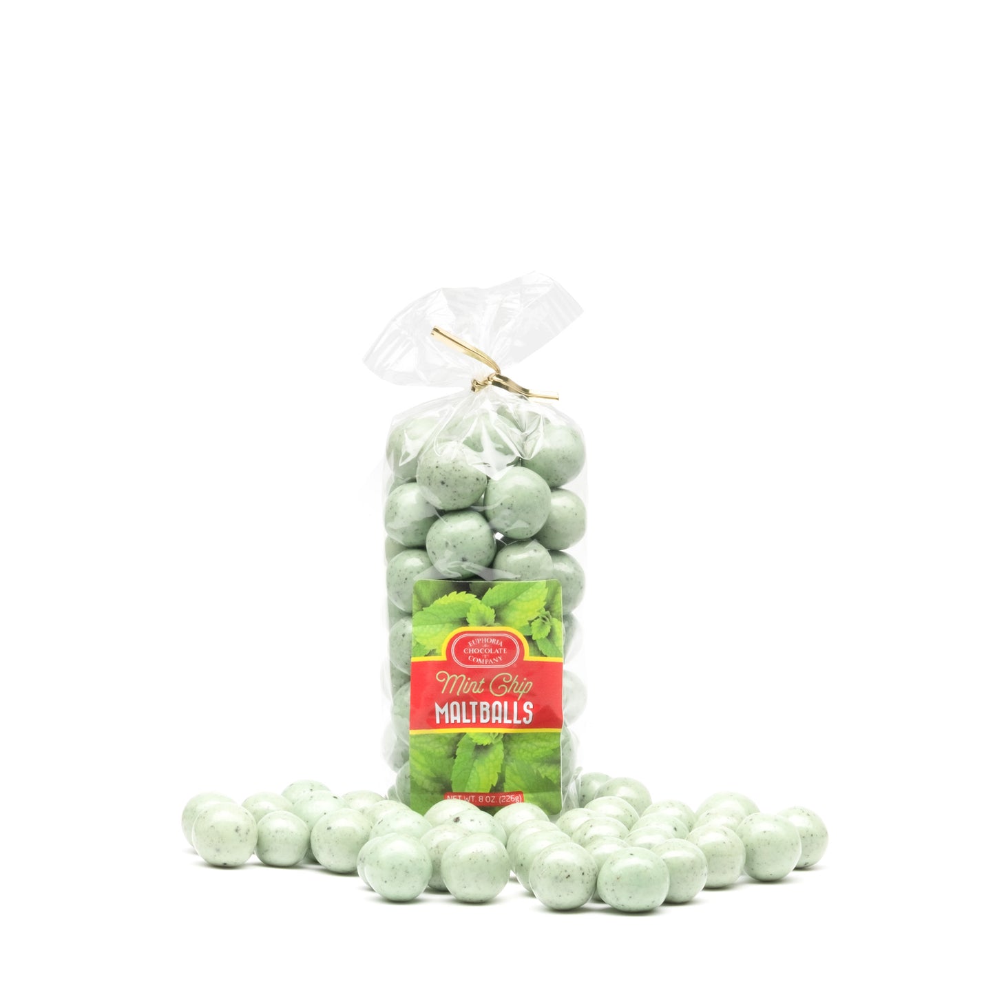 A clear plastic packaging containing green mint chocolate maltballs with a red Euphoria Chocolate Company label showing 'Mint Chocolate Maltballs' as the item name.