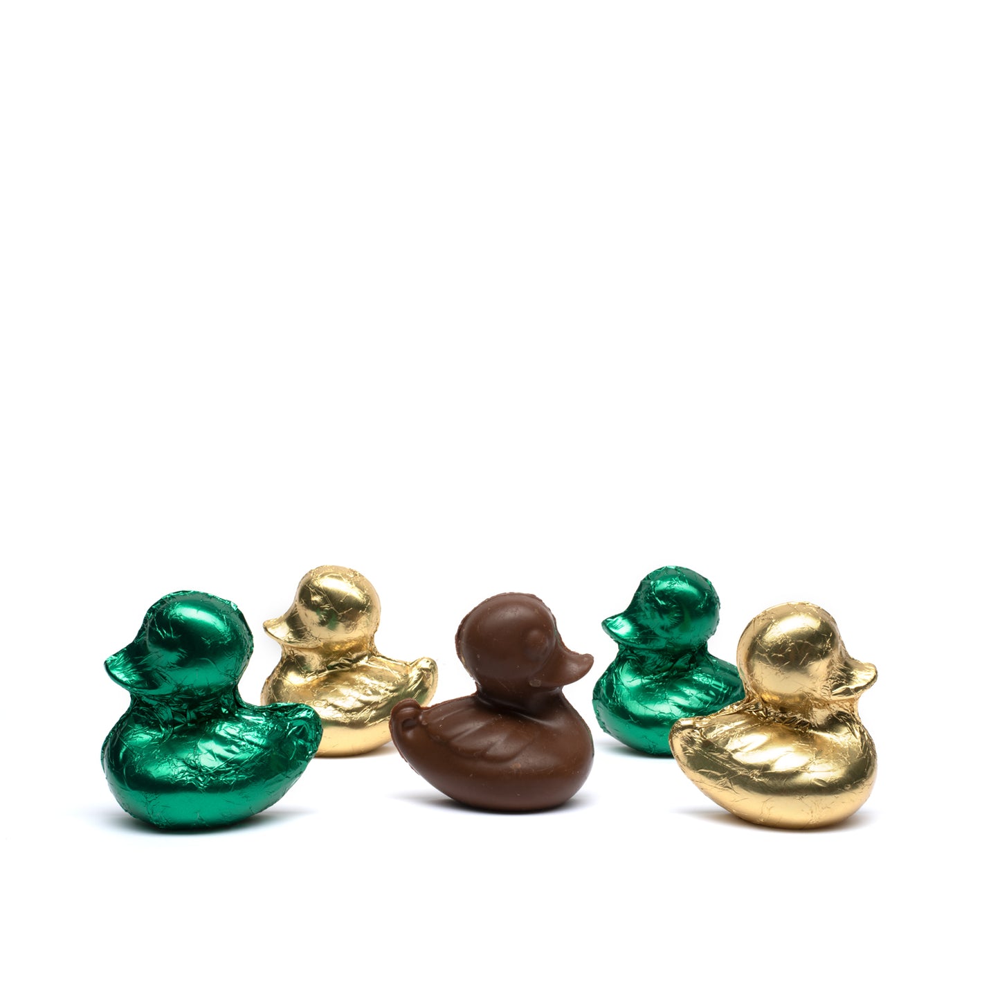A selection of handcrafted chocolate ducks foiled in green and gold University of Oregon colors.