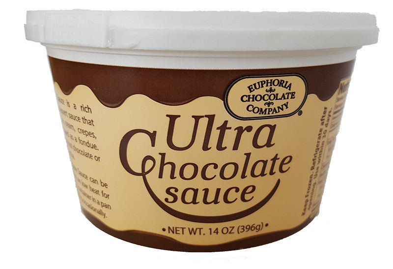 A plastic container of Euphoria Chocolate Company's Ultra Chocolate sauce, with a white lid and brown label in front of a white background.