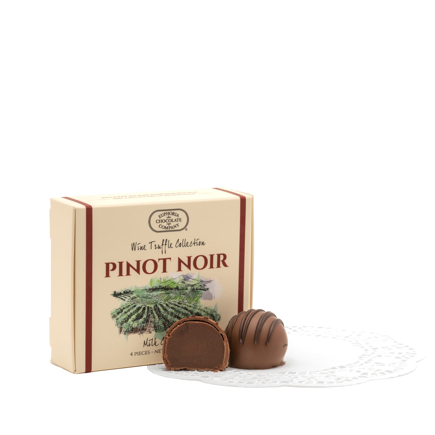 Box of Euphoria Chocolate Company Pinot Noir chocolate truffles on a white background