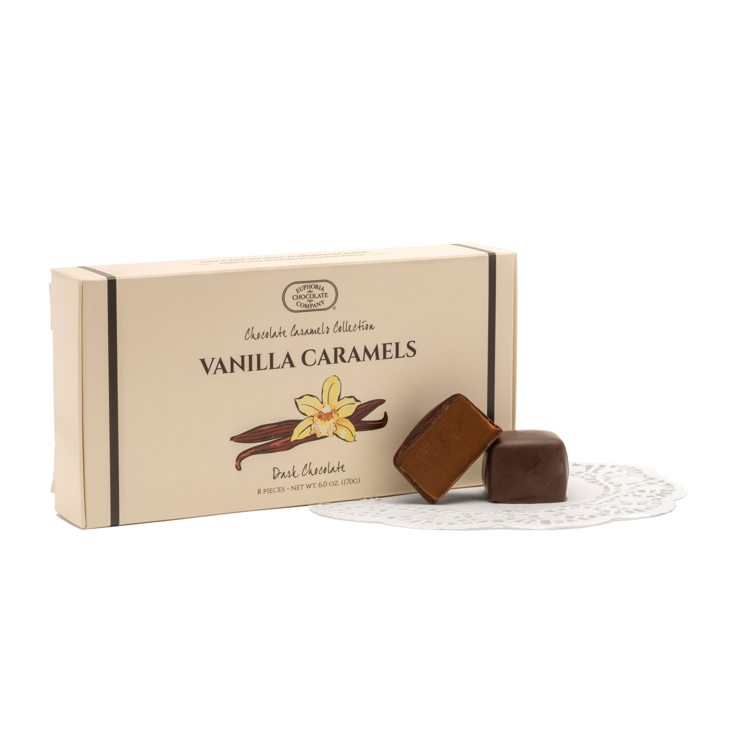 Box of Euphoria Chocolate Company Dark Vanilla Caramels with two caramels on a white background