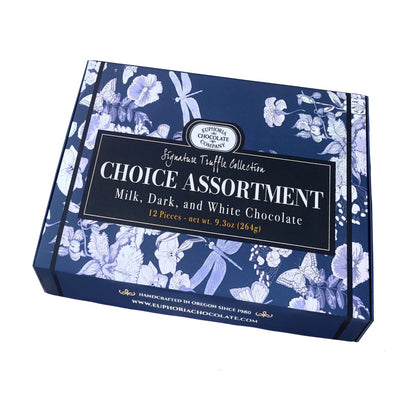 Chocolate assortment box with floral design on a white background with Euphoria Chocolate Company branding and logo