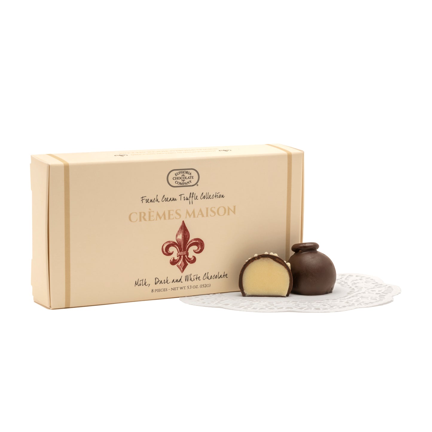 Box of Euphoria Chocolate Company Crèmes Maison truffles on a white background