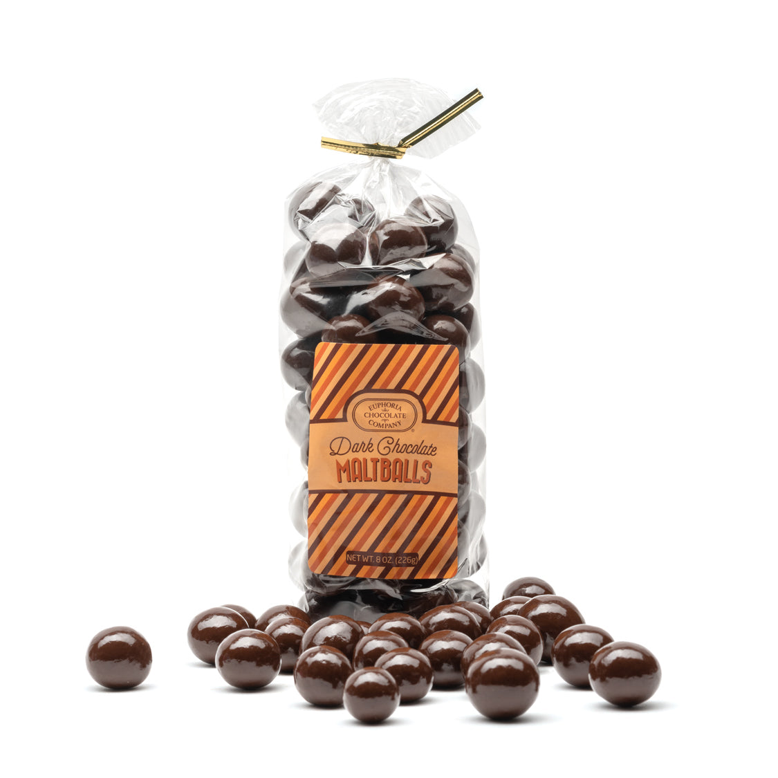 Bag of dark chocolate maltballs with a visible Euphoria Chocolate Company label on a white background