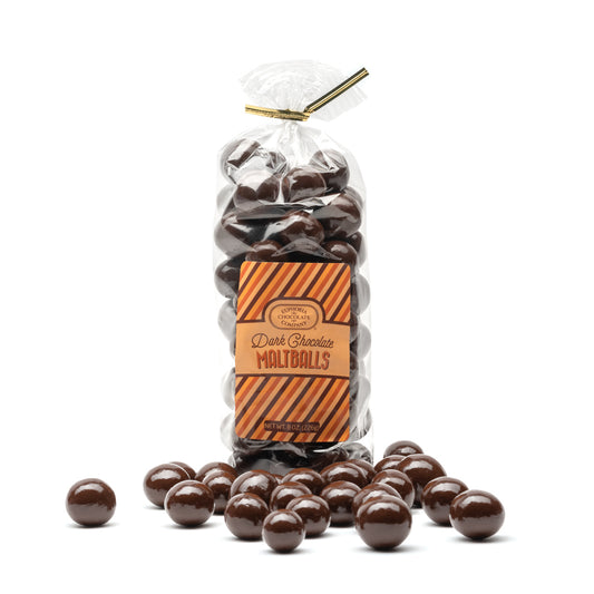 Bag of dark chocolate maltballs with a visible Euphoria Chocolate Company label on a white background