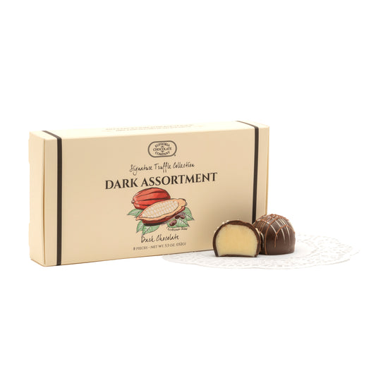 Box of Euphoria Chocolate Company dark chocolate truffles with a white background