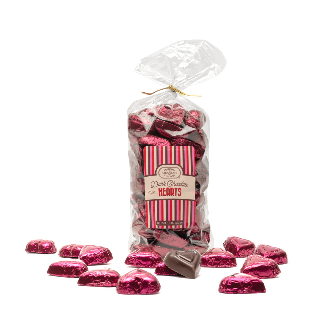 Bag of dark chocolate hearts with a Euphoria Chocolate Company label on a white background
