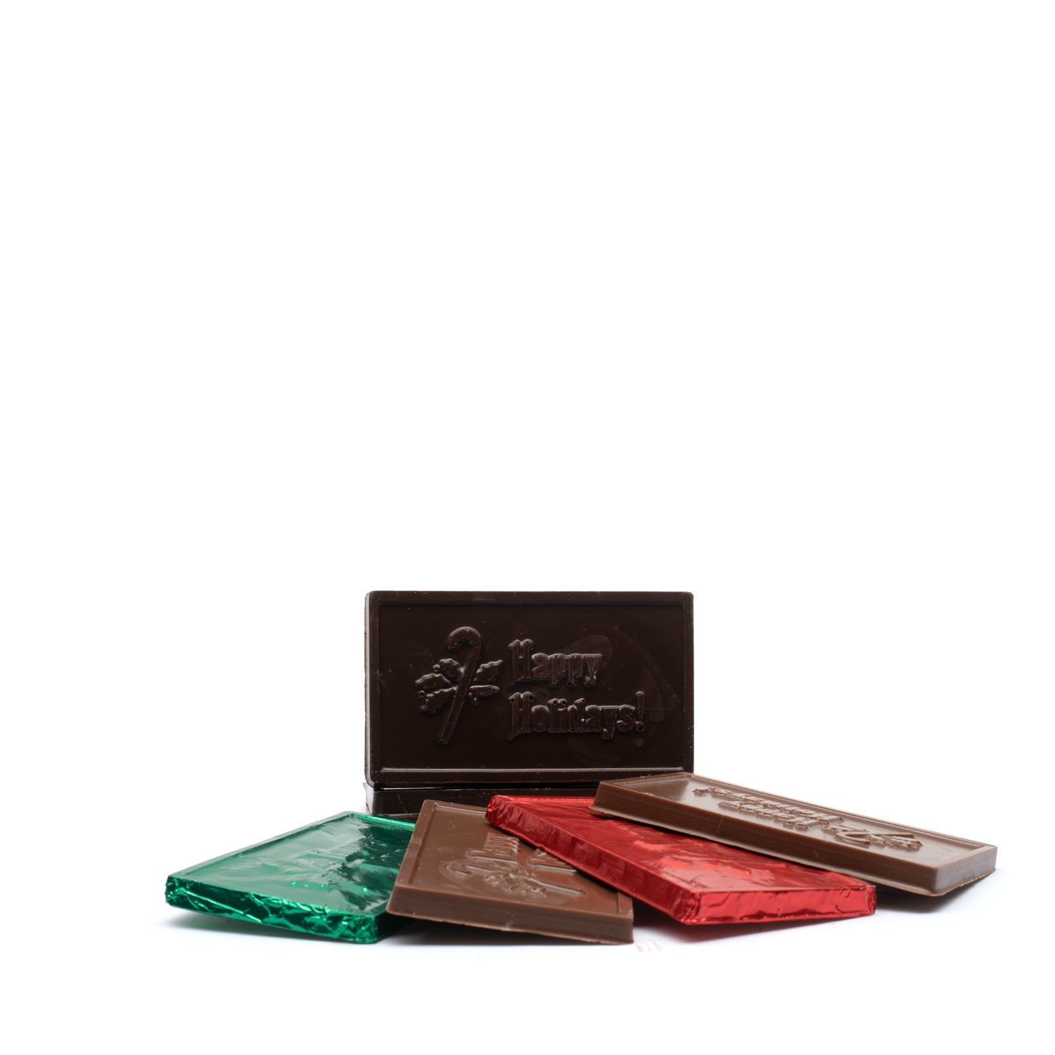 Chocolate bars with colorful foil wrappers on a white background