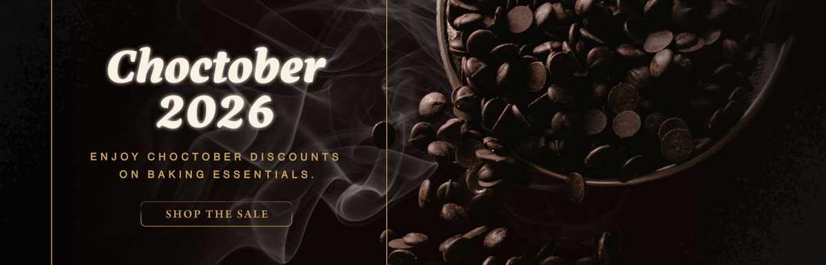 Promotional banner for Chocober 2026 featuring white text on a dark background with a bowl of chocolate chips and smoke effects, plus the text 'Enjoy chocober discounts on baking essentials. Shop the sale.