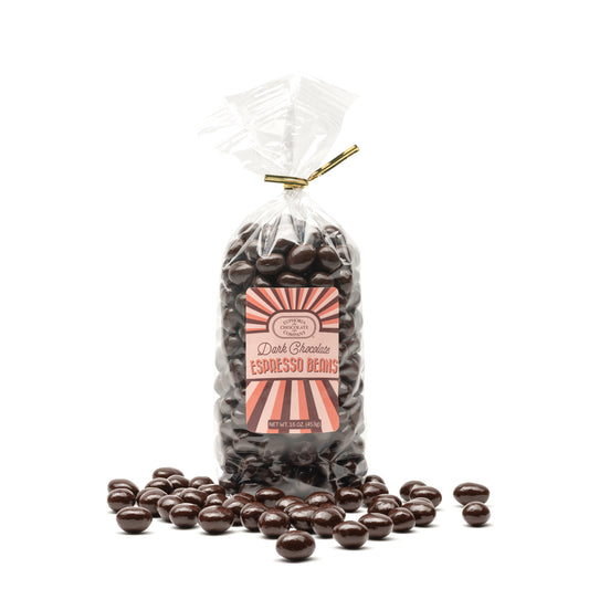 Bag of dark chocolate espresso beans with a Euphoria Chocolate Company label on a white background