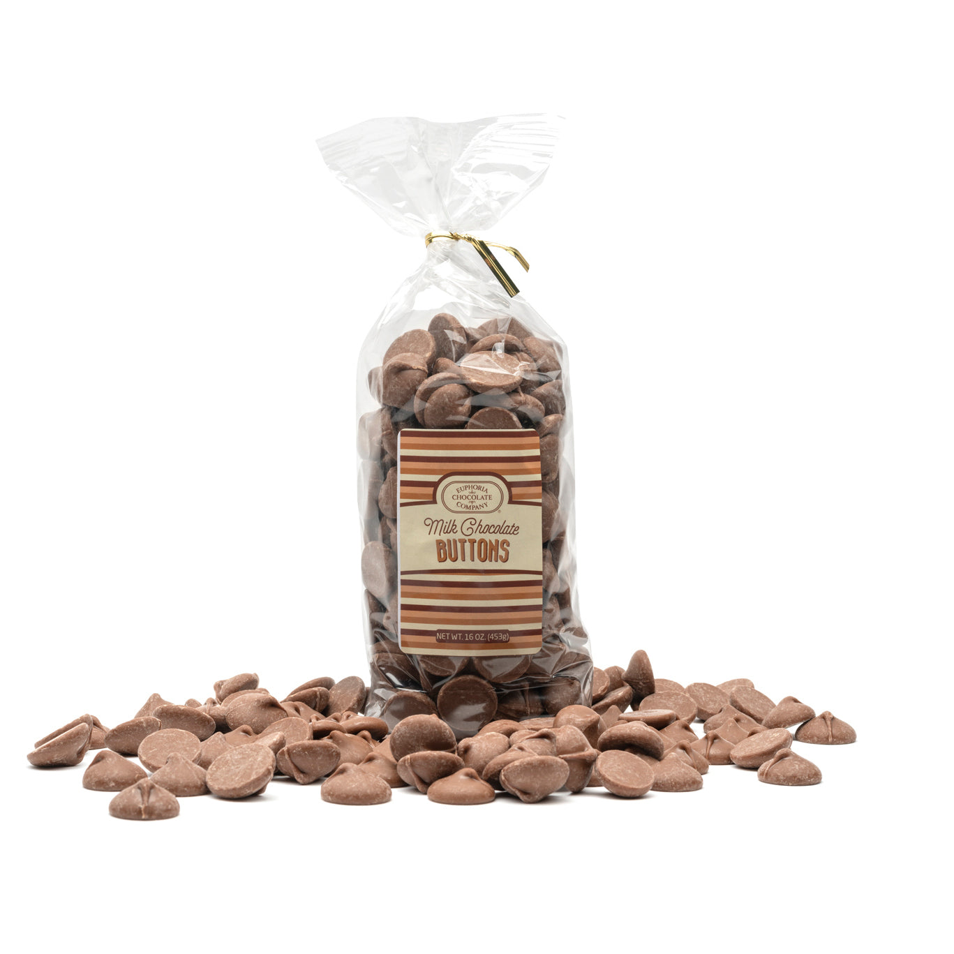 Bag of milk chocolate buttons with a Euphoria Chocolate Company label on a white background