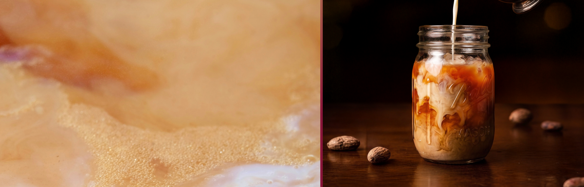 Glass jar with iced cacao and cream being poured on a wooden surface.