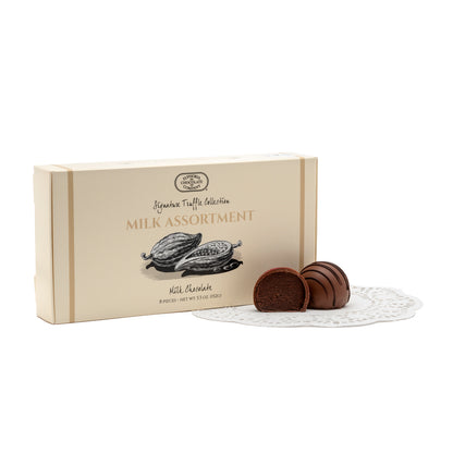 Box of Euphoria Chocolate Company milk chocolate truffles with a white background