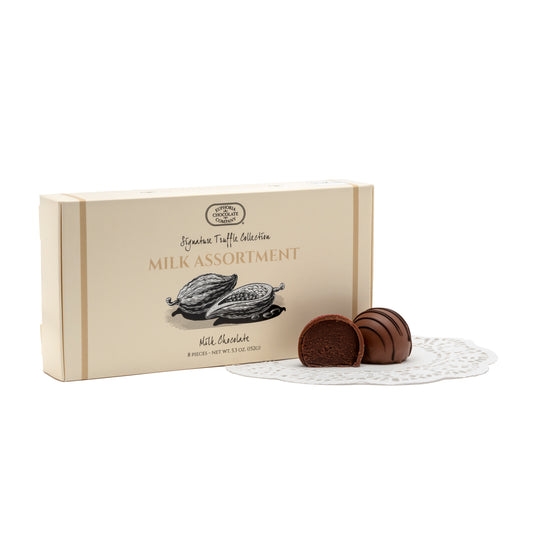 Box of Euphoria Chocolate Company milk chocolate truffles with a white background