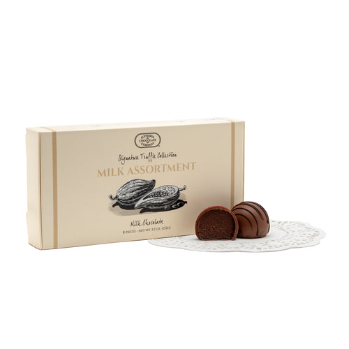Box of Euphoria Chocolate Company milk chocolate truffles with a white background