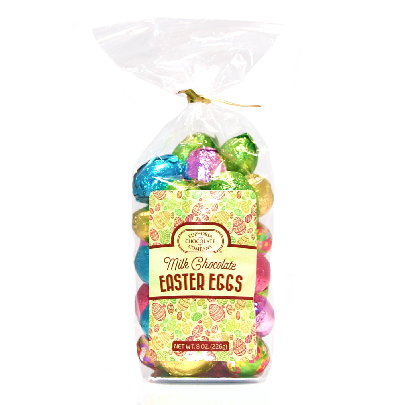 Bag of colorful foil-wrapped milk chocolate Easter eggs with a decorative Euphoria Chocolate Company label on a white background