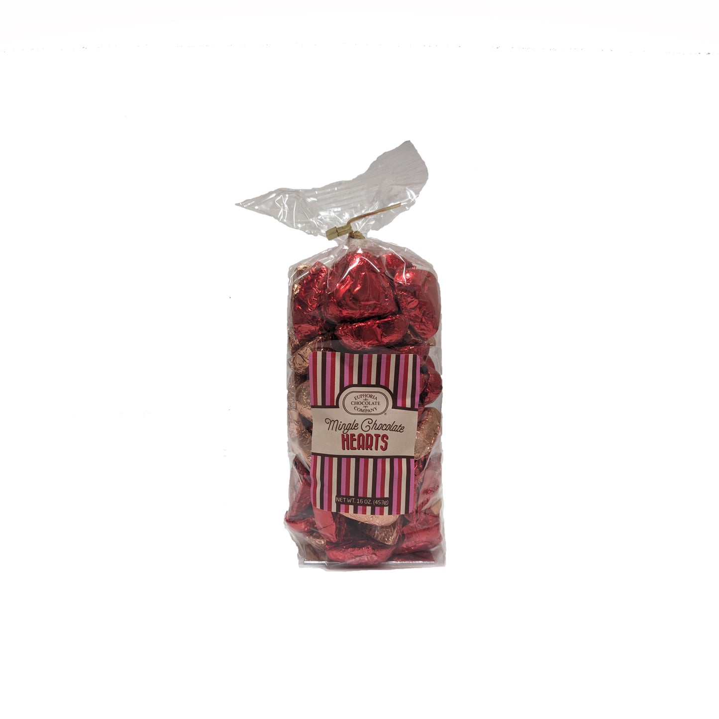 A bag with a Euphoria Chocolate Company label filled with foil-wrapped, heart-shaped chocolates
