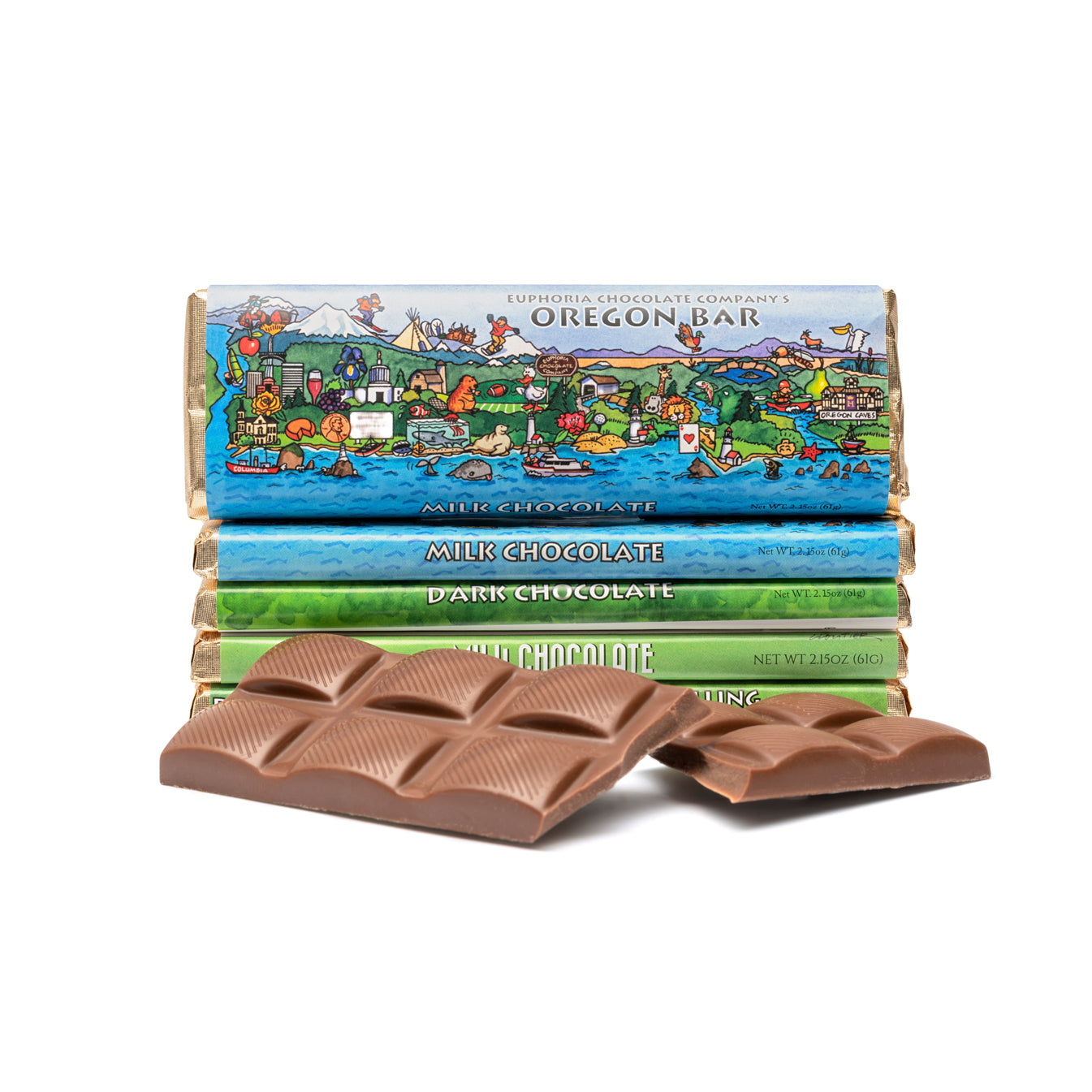 Stack of Euphoria Chocolate Company chocolate bars with colorful packaging featuring a scenic design, on a white background.