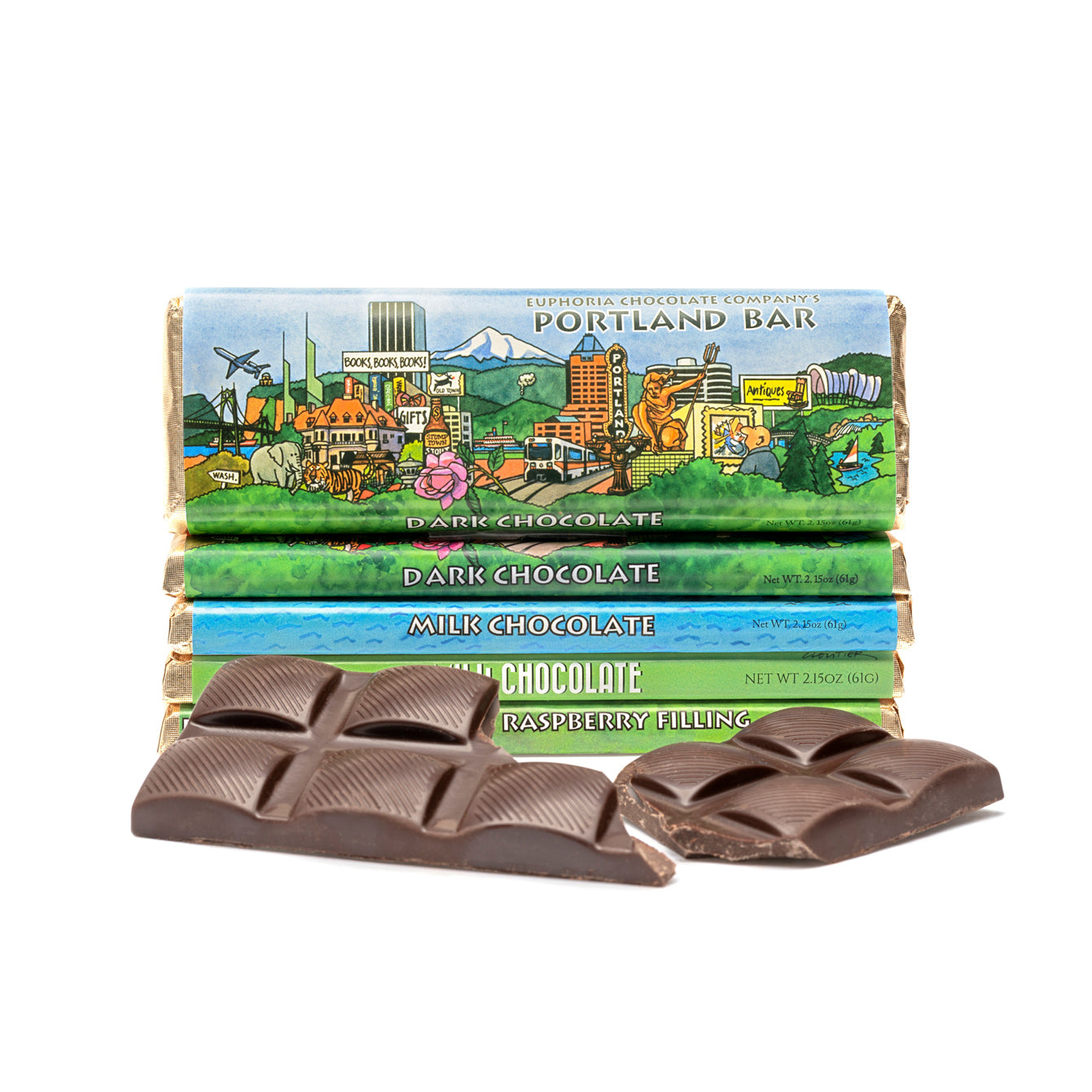 Euphoria Chocolate Company chocolate bars with colorful packaging featuring a scenic design on a white background