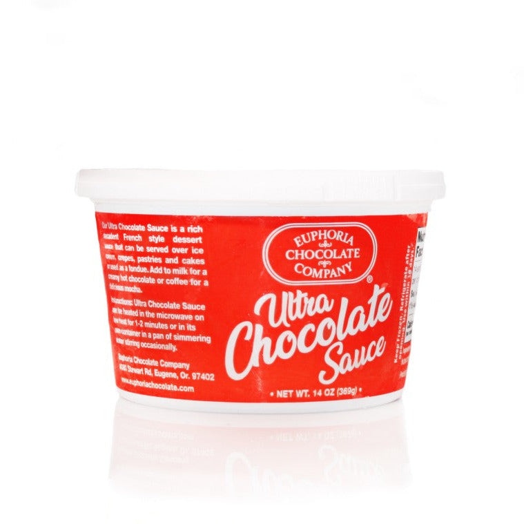 Container of Euphoria Chocolate Company Ultra Chocolate Sauce on a white background