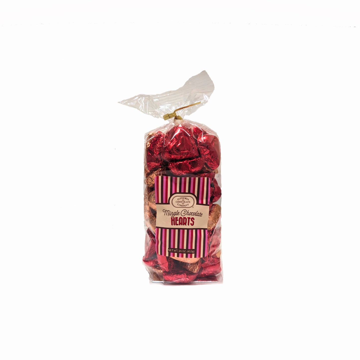 Bag of red and gold foiled hearts with a Euphoria Chocolate Company label on a white background.