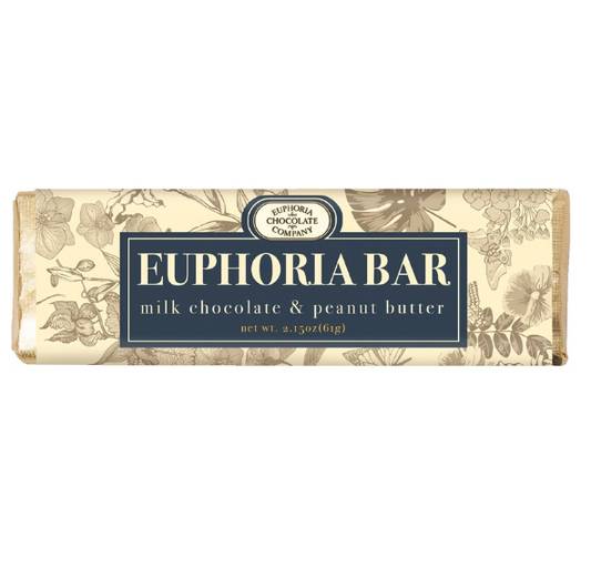 A chocolate bar labelled 'Euphoria Bar' in milk chocolate with peanut butter filling, with floral patterns and brand name displayed on the label