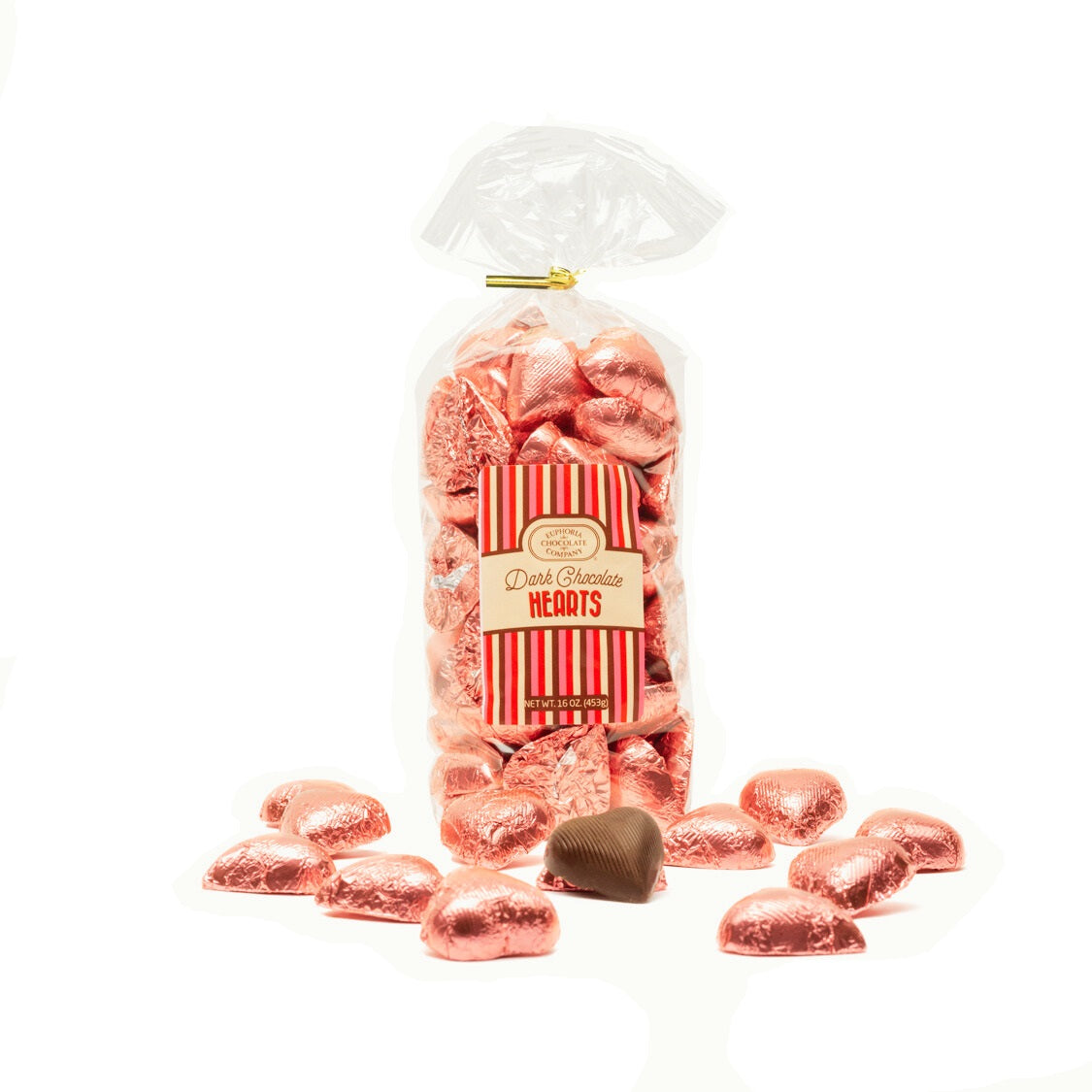 Bag of pink chocolate hearts with a Euphoria Chocolate Company label on a white background