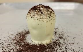 A white chocolate truffle with cocoa powder dusting on an out-of-focus white background