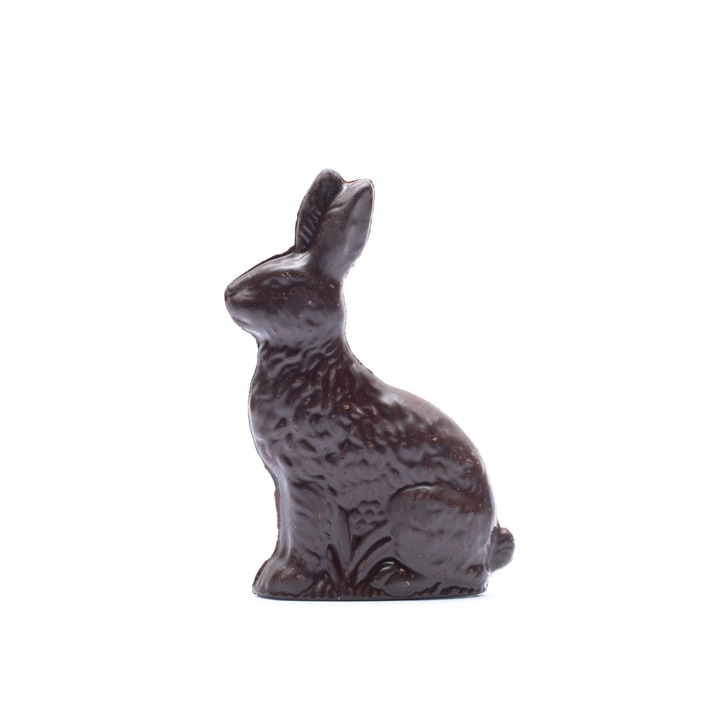 A dark chocolate rabbit against a white background.