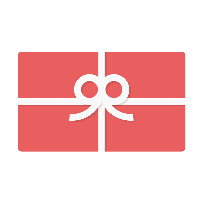 A graphic representation of a gift card with a red background and a white ribbon bow on the front.