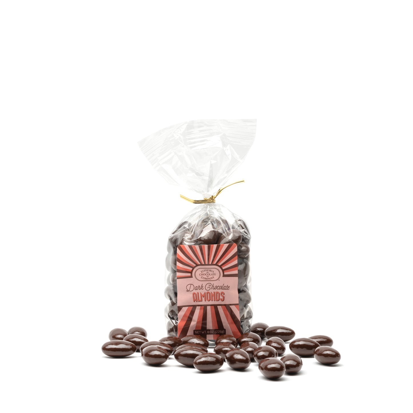 A clear plastic bag filled with dark chocolate covered almonds, with a red label displaying the product name and the Euphoria Chocolate Company logo.