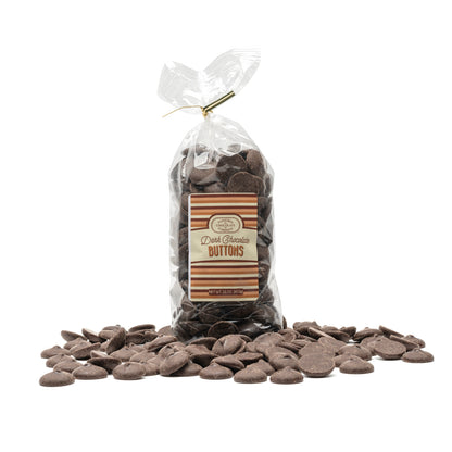 A clear plastic bag filled with dark chocolate buttons, with a label showing the Euphoria Chocolate Company brand and product name.