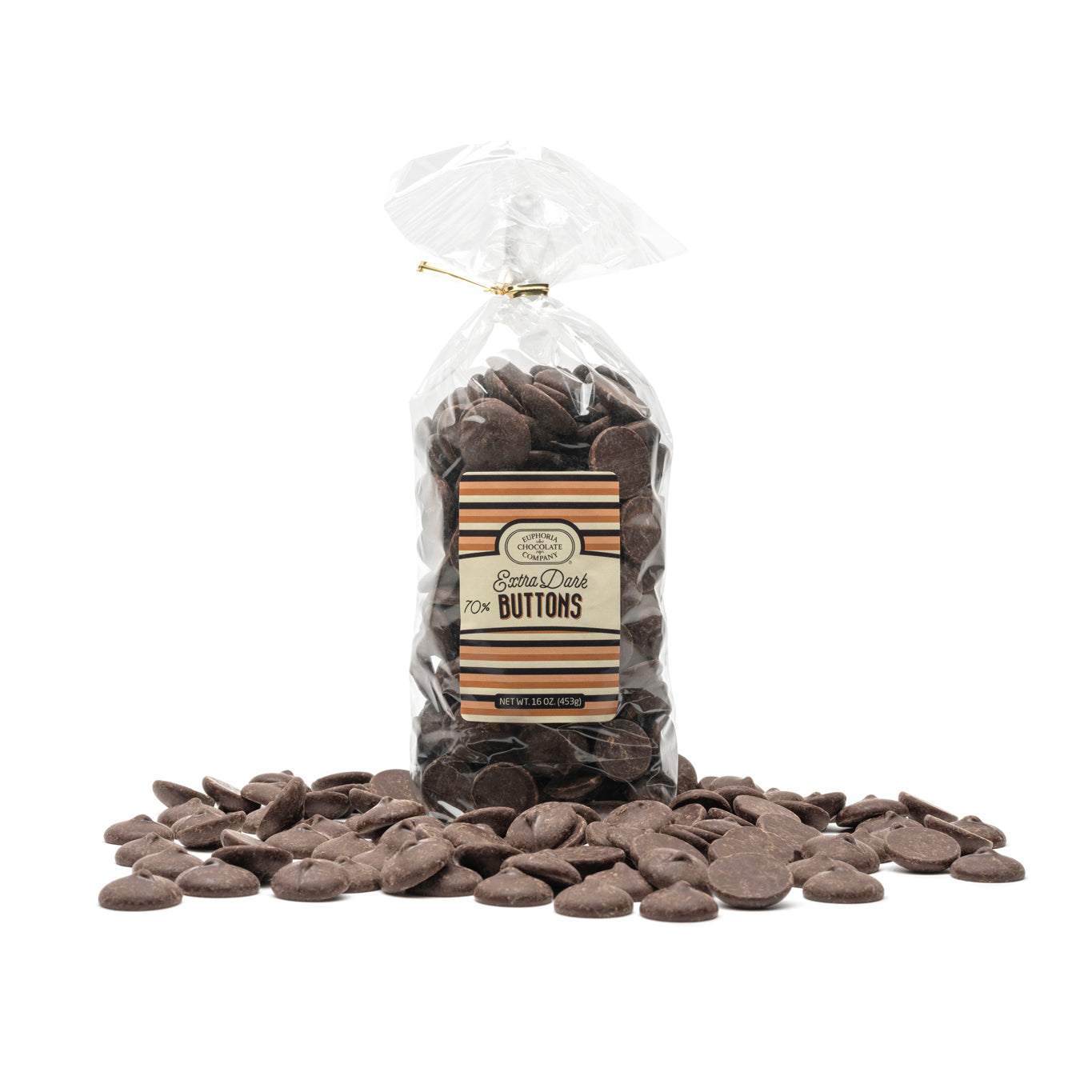 A clear plastic gift bag filled with extra dark chocolate buttons, with a brown Euphoria Chocolate Company label that reads 'Extra Dark Buttons' presented against a white background.