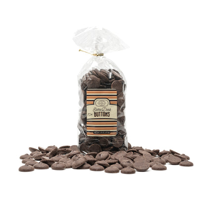 A clear plastic gift bag filled with extra dark chocolate buttons, with a brown Euphoria Chocolate Company label that reads 'Extra Dark Buttons' presented against a white background.