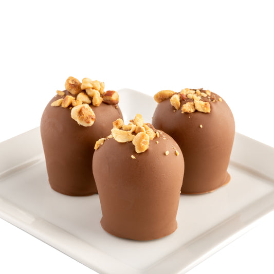 Three chocolate truffles topped with hazelnuts on a white plate with a white background.