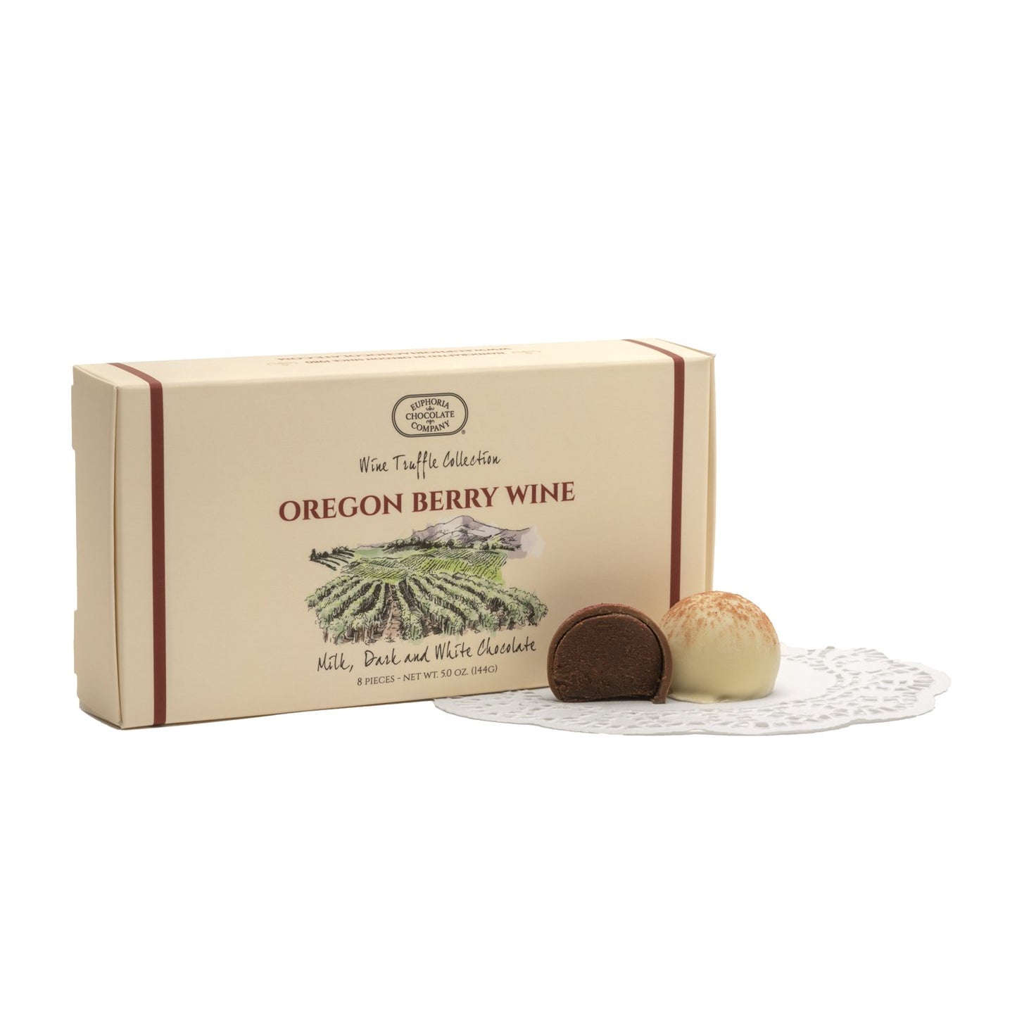 A gift box of 8 Euphoria Chocolate Company truffles featuring an assortment of Berry Wine truffles against a white background.