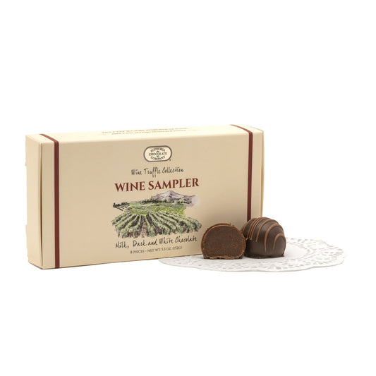 A box of Euphoria Chocolate Company truffles in an assortment of 8 wine-flavored varieties against a white background.