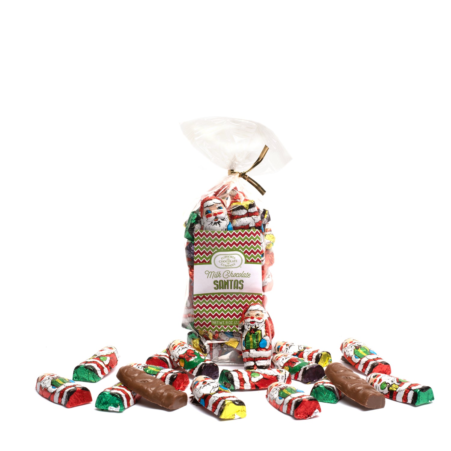 A collection of foil-wrapped milk chocolate Santas with multicolored wrappers, tied together with a gold twist-tie and presented in a clear packaging with a Euphoria Chocolate Company label.