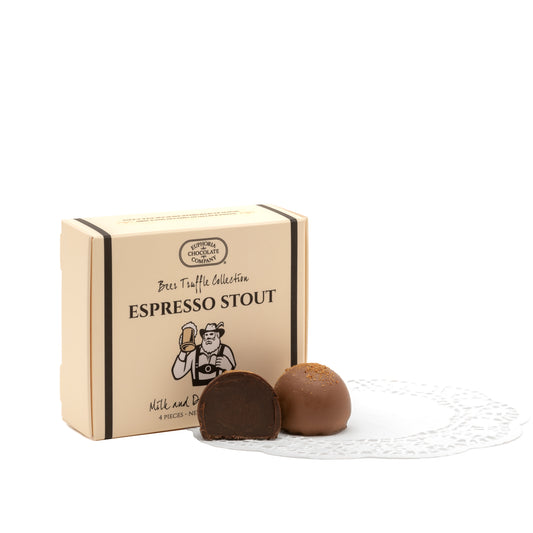A gift box of 4 Euphoria Chocolate Company truffles labeled 'Espresso Stout' with two chocolate truffles in front of it, against a white background.