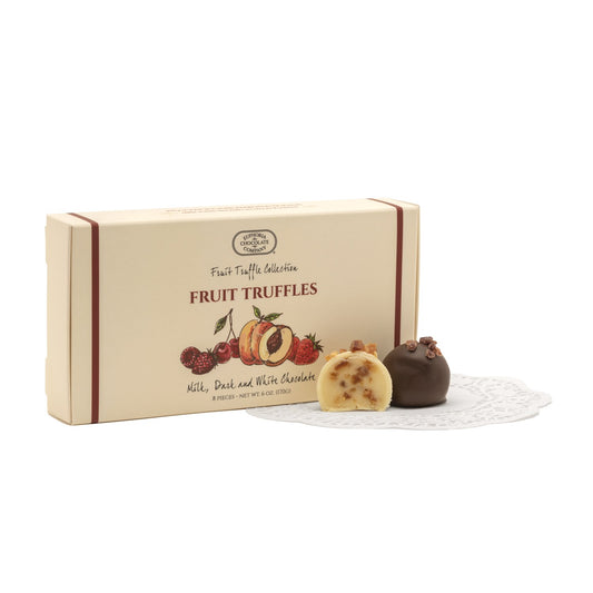 A gift box of Euphoria Chocolate Company truffles featuring 8 assorted fruit-flavored truffles against a white background.